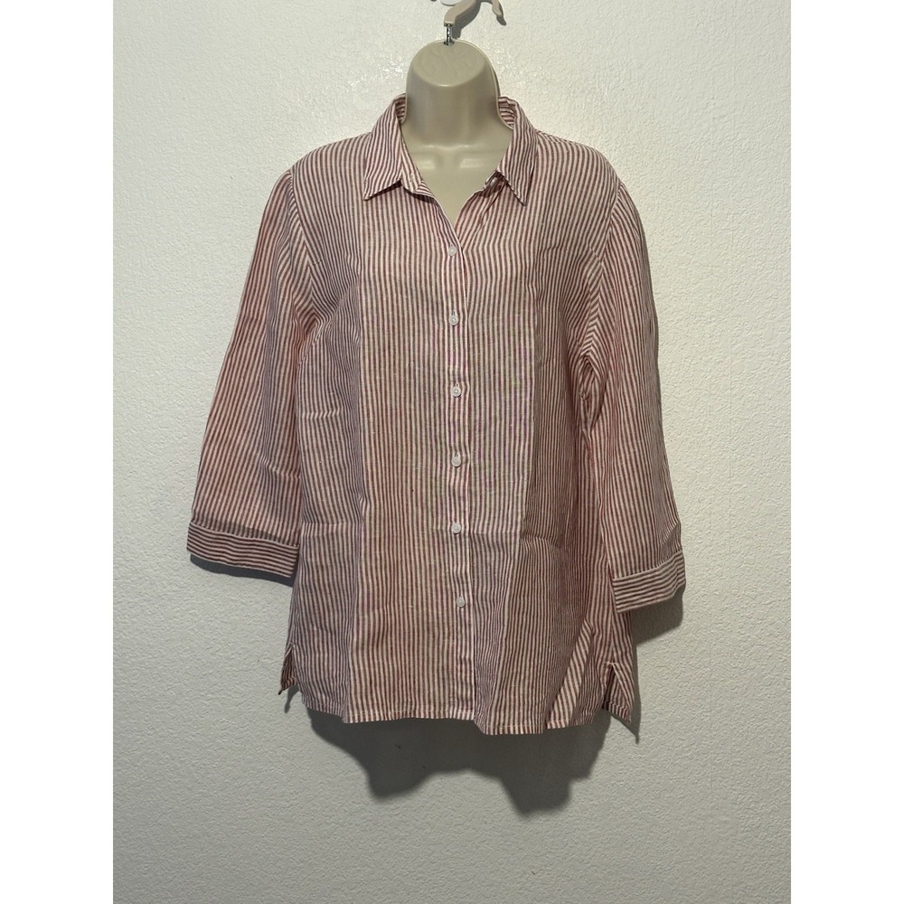 Coldwater‎ Creek Red /White Striped 100% Linen Button Down Shirt Size Medium